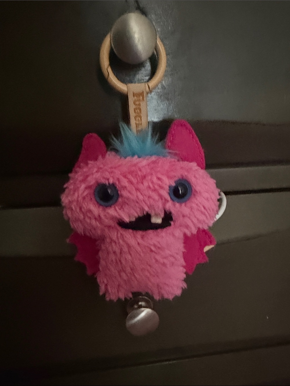 Fuzzy Pink Monster Keychain Plush with Blue Hair